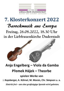 7. Klosterkonzert 2022 Barockmusik aus Europa Freitag, 26.08.2022, 18.30 Uhr in der